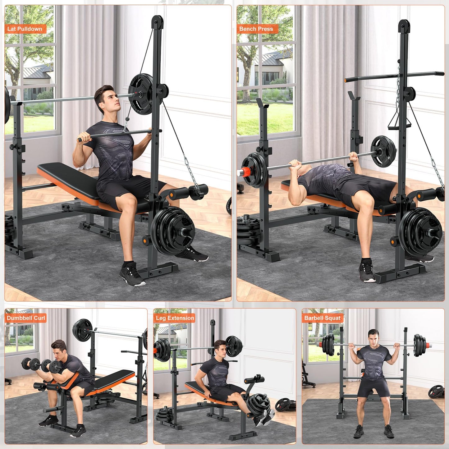 Fostoy 8-in-1 Adjustable Olympic Weight Bench with Lat Pulldown, Row, Squat Rack & Leg Curl – MultiFunction Strength Training Bench Press for Adjustable Seat for Home Gym(8in1 Olympic Weight Bench)