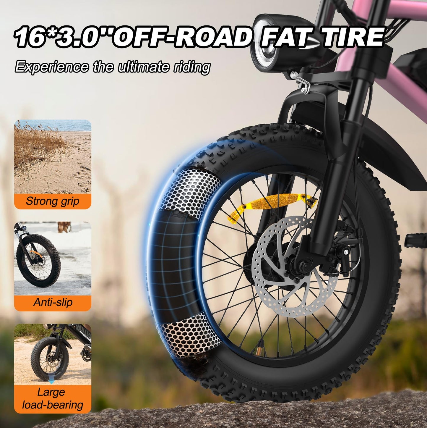 VDL Mountain Electric Bike for Teenager, 16" Fat Tire Ebike, Wider Seat 800W Peak Motor, Removable Battery, Front Fork Suspension, 20MPH, UP to 35 Miles Mountain Ebike, Black-Pink