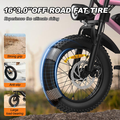 VDL Mountain Electric Bike for Teenager, 16" Fat Tire Ebike, Wider Seat 800W Peak Motor, Removable Battery, Front Fork Suspension, 20MPH, UP to 35 Miles Mountain Ebike, Black-Pink