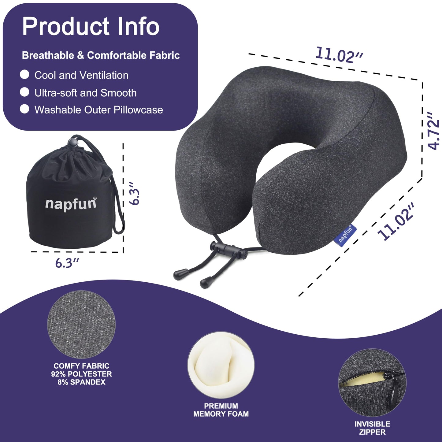 napfun Neck Pillow for Traveling, Upgraded Travel Neck Pillow for Airplane 100% Pure Memory Foam Travel Pillow for Flight Headrest Sleep, Portable Plane Accessories, Light Grey