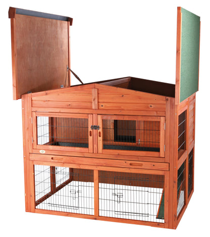 TRIXIE natura Outdoor Deluxe Rabbit Hutch with Run - Large 2-Story Rabbit Cage with Non-Slip Ramp - Elevated Small Animal House with Secure Playpen, Hinged Roof & Two Pull-Out Trays - in Natural