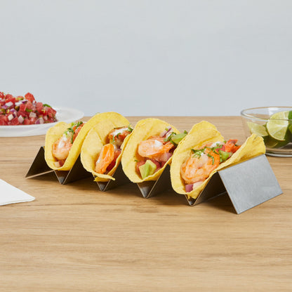 Restaurantware 10.7 Inch x 4 Inch Taco Stand 1 Holds 4 Tacos Taco Rank - Reversible Dishwasher Safe Stainless Steel Taco Holder For Hard Or Soft Shells