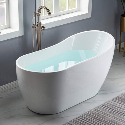 WOODBRIDGE 59" Acrylic Freestanding Bathtub Contemporary Soaking White Tub with Brushed Nickel Overflow and Drain，B-1530 -B/N-Drain &O