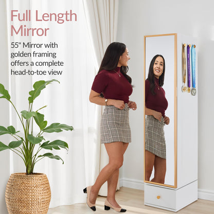 Best Choice Products Rotating Mirror w/Storage Cabinet, 360 Swivel Jewelry Armoire w/Full-Length Mirror, Gold Metal Frame Tower w/Cube Shelves, Built-In Jewelry Organizer & Hook - Gold