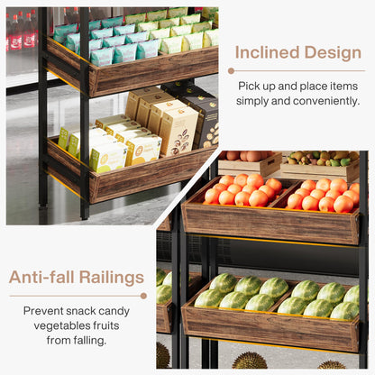Tribesigns 4-Tier Retail Display Rack Set of 6, Heavy-Duty Commercial Display Stand for Candy, Vegetables, Snacks, Industrial Storage Shelf with Hooks for Retail Store (6, Brown+Black)