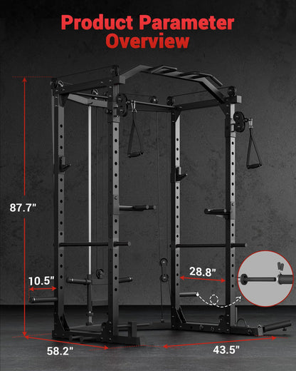 GarveeLife Power Cage, Multi-Functional Power Racks for Home Gym with Cable Crossover System, 1600 LBS Weight Capacity Fitness Squat Rack for Strength Workout with Training Attachment, Black