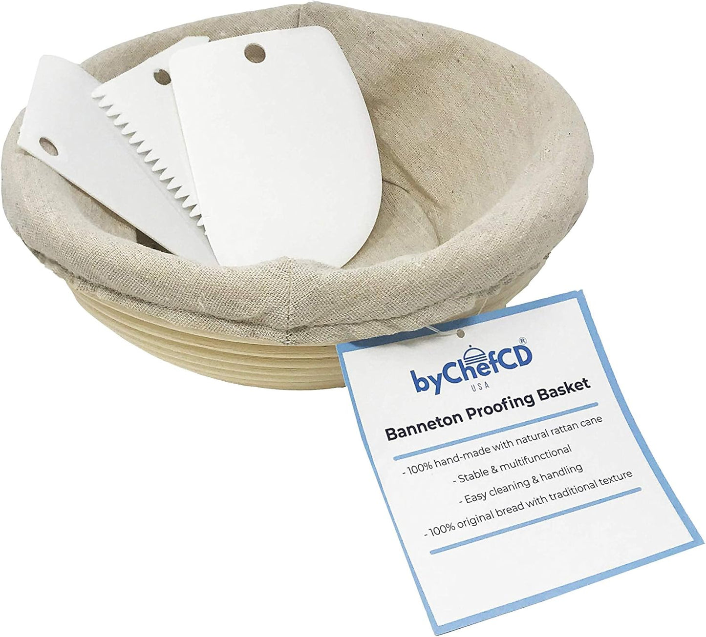 ChefCD 9 Inch Round Bread Proofing Basket Set - Cloth Liner, Bowl Scraper, Smoother for Home & Professional Bakers