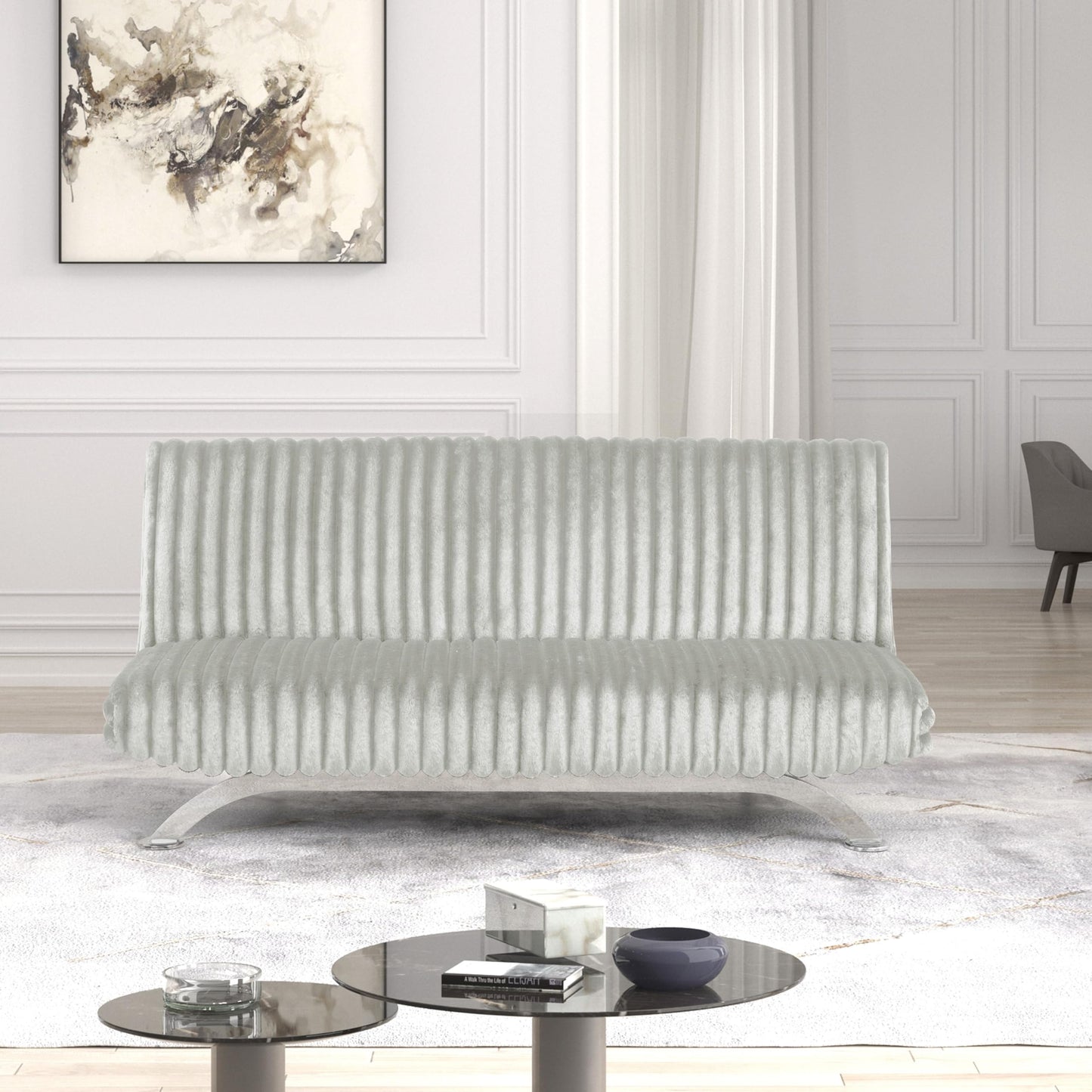 Furniture of America Direte Fuzzy Fabric 71-inch Futon Sofa Bed with Extra Metal Support Legs, Seat up to 3, Modern Convertible for Living Room, Bedroom, Guest Room, Light Gray