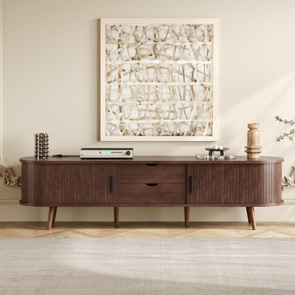 Merax 78'' Modern TV Stand for TVs up to 85 Inches, Entertainment Center with Fluted Glass Drawers & Cable Management, Solid Wood Legs, TV Console for Living Room, Walnut