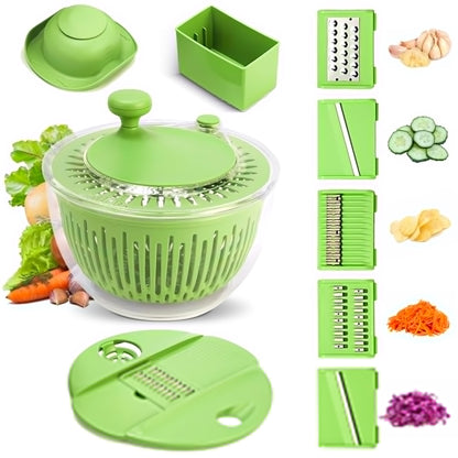 5-in-1 Salad Spinner Large with Lid Vegetable Washer and Dryer Fruit Cleaner Vegetable Chopper & Slicer with 5 Blades, 5 Qt Lettuce Spinner Strainer Shredder Bowl Egg Yolk Separator for Easy Meal Prep