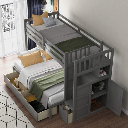 Merax Twin Over Full/Twin Bunk Bed with Stairs & Storage, 3-in-1 Convertible Bottom Bed with Storage Shelves and Drawers, Bunk Bed with Guardrails for Bedroom, Gray