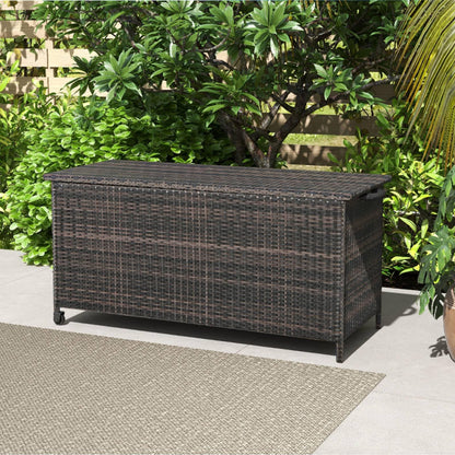TANGZON 320L Garden Deck Box, Patio Cabinet Container with Polyester Liner, Universal Wheels & Gas Strut, Indoor Outdoor Storage Box for Pillows, Cushions & Tools (with Regularly-Woven Rattan, Brown)
