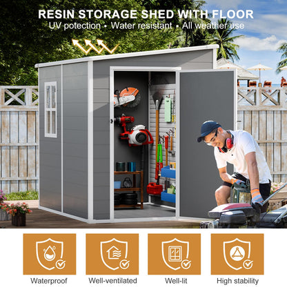 Resin Storage Shed 5x4 FT with Floor Lockable Door Window Included, Easy Assemble All Weather Waterproof Durable Plastic Outdoor Garden Tools Sheds for Backyard Patio