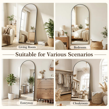 Homsion 81"x41" Arched Full Length Mirror with Stand, Free Standing Leaning Wall Mounted Aluminum Alloy Frame Mirror for Bedroom Living Room Cloakroom, Black