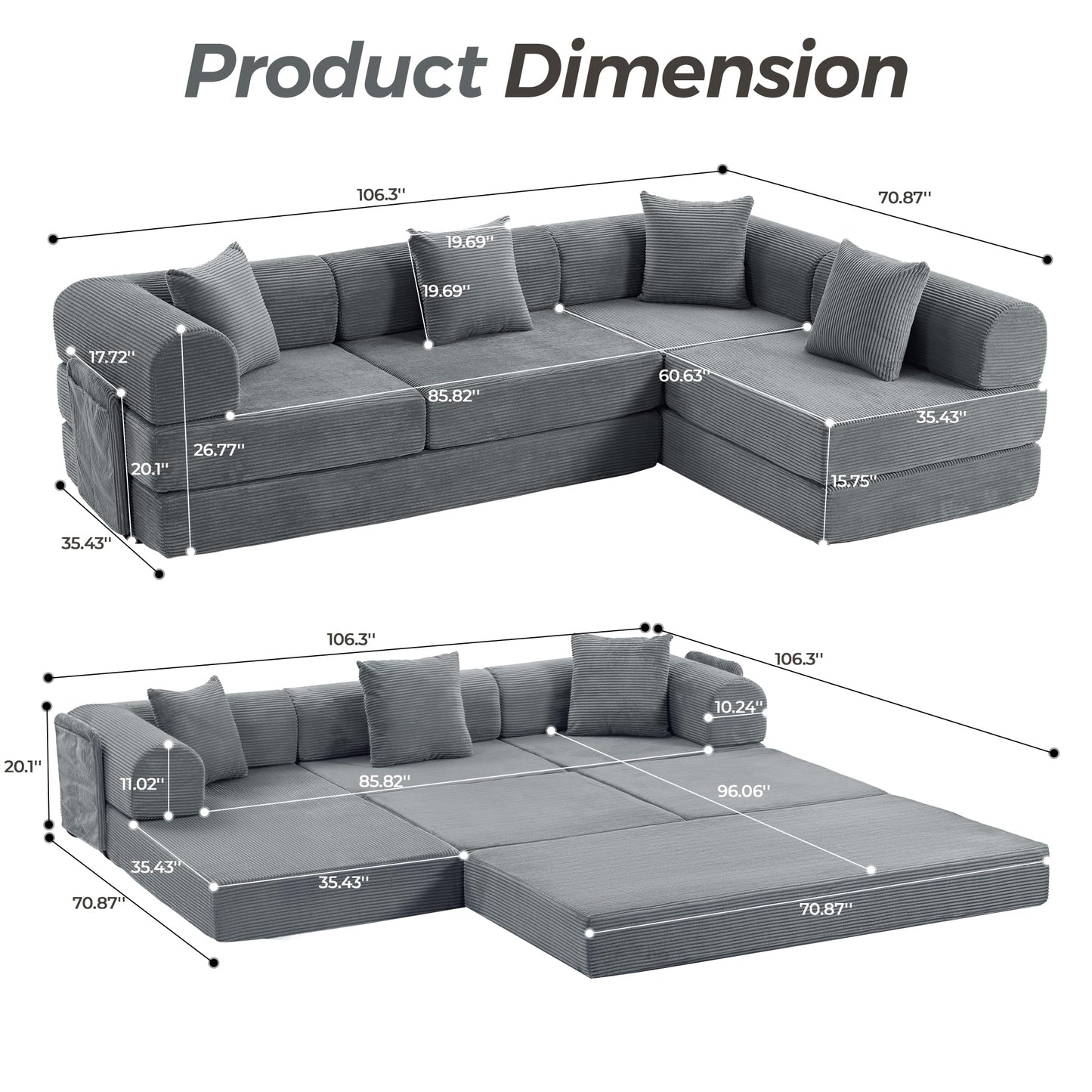 Trygoal 106.3" Oversized Convertible Sleeper Sofa Bed, L Shape Modular Sectional Cloud Sofa with Fixed-Shape Frame, Boneless Couch with Storage Pocket for Living Room, No Assembly Required, Gray