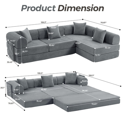 Trygoal 106.3" Oversized Convertible Sleeper Sofa Bed, L Shape Modular Sectional Cloud Sofa with Fixed-Shape Frame, Boneless Couch with Storage Pocket for Living Room, No Assembly Required, Gray