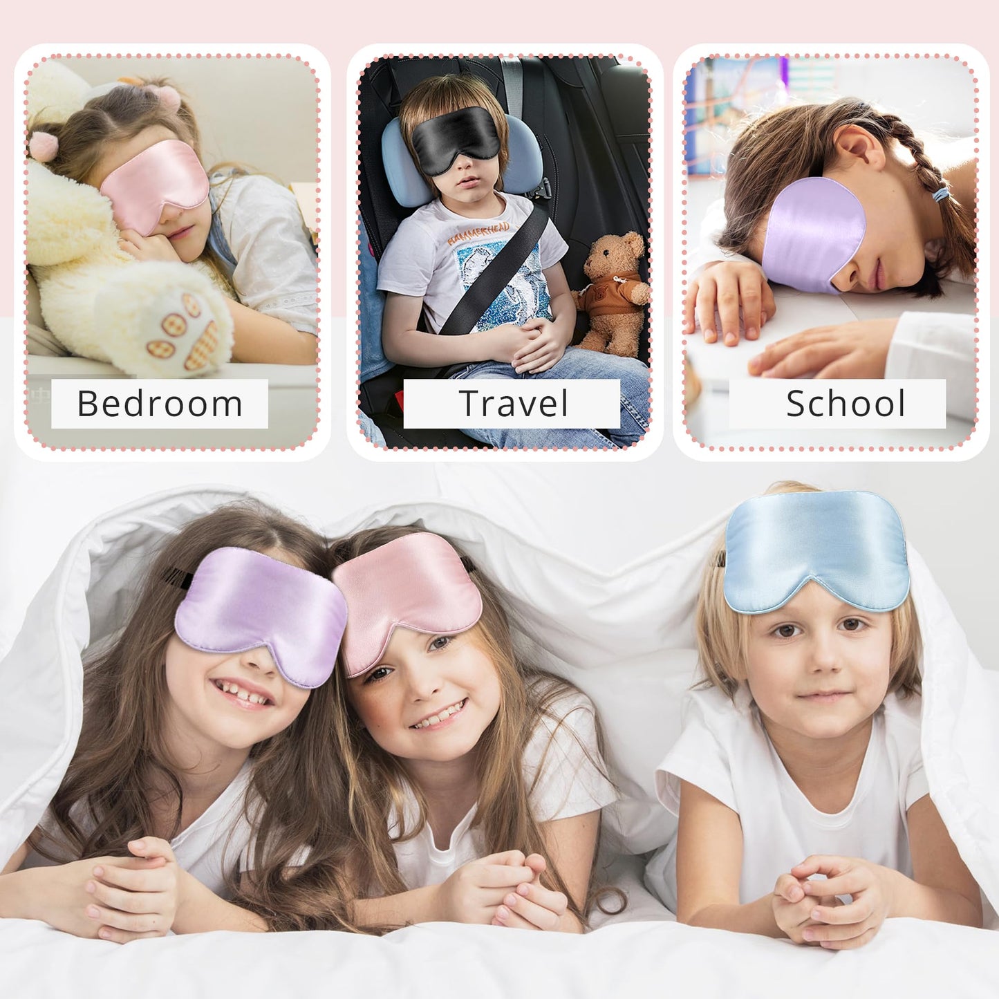 Kids Sleep Mask Eye Cover, 100% Real Natural Pure Silk Eye Mask with Adjustable Strap, Blindfold Kids Eye Mask for Sleeping, Eye Shade for Boys Girls and Adult, Pressure-Free Comfort (Black)