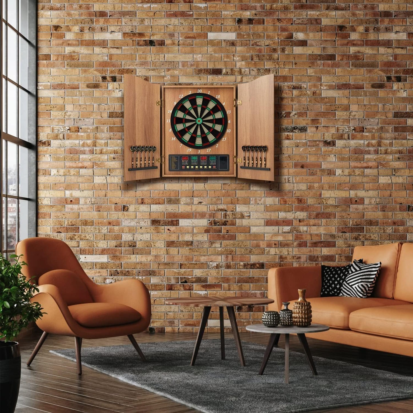 Electronic Dart Board Set, Dart Board Cabinet Set with 12 Soft Tip Darts 50 Dart Head, Electronic Dart Board, Wooden Cabinet Doors with Integrated Scoreboard for Home Use, Bars, Dar, A