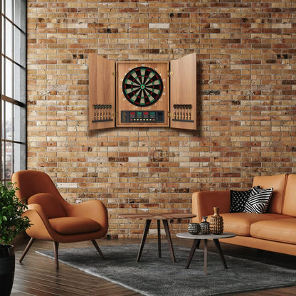 Electronic Dart Board Set, Dart Board Cabinet Set with 12 Soft Tip Darts 50 Dart Head, Electronic Dart Board, Wooden Cabinet Doors with Integrated Scoreboard for Home Use, Bars, Dar, B
