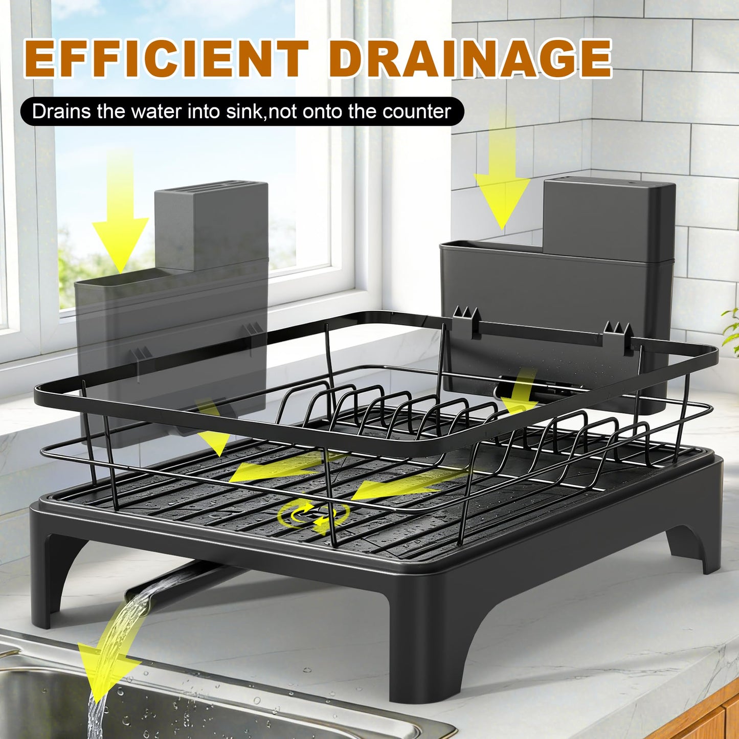 OERPHO Dish Drying Rack for Kitchen Counter, Dish Rack, Dish Drainer for Kitchen with Built-in Drain, Stainless Steel Sink Organization and Storage Essentials with Cutlery Holder (17" x 13.4", Black)