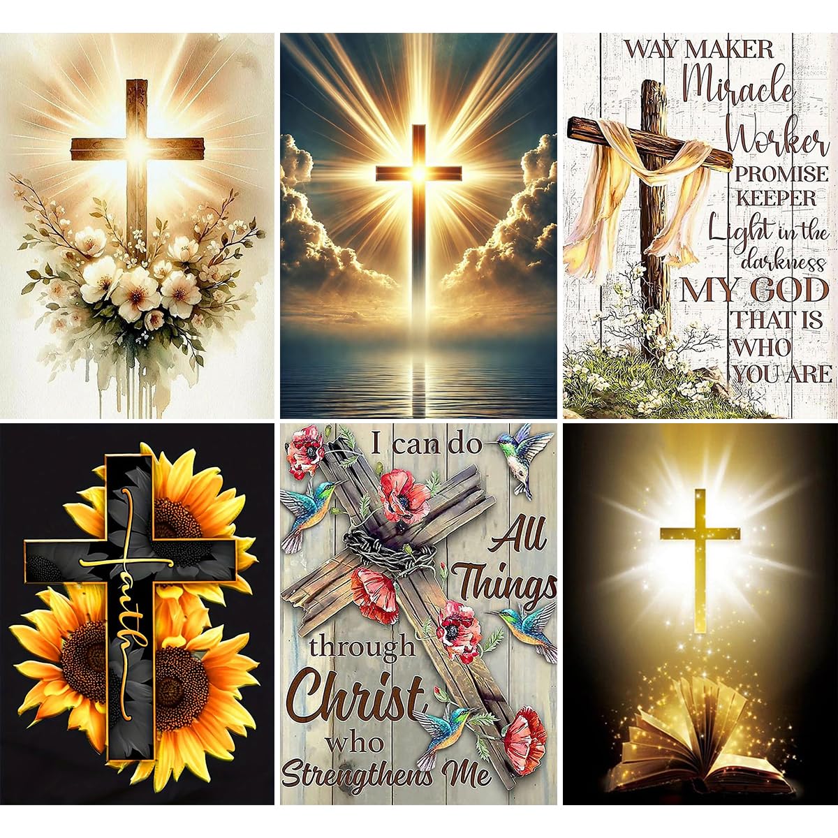 6 Pack Cross Diamond Art Kits for Adults - Inspirational 5D Diamond Painting Kits for Adults Beginners, Jesus Christ DIY Full Drill Round Rhinestone Gem Art Crafts Paintings for Home Wall Decor 12x16