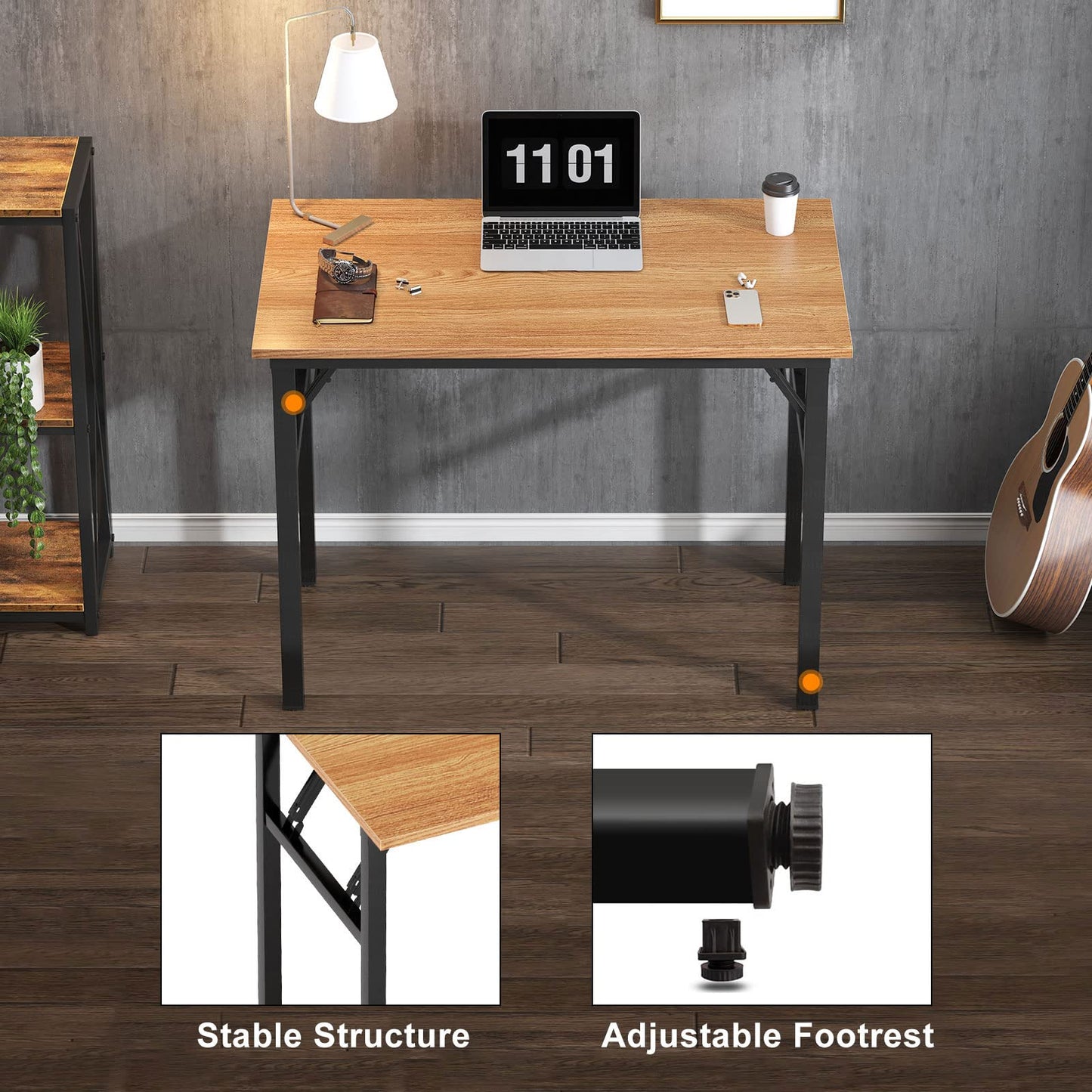 Need 31.5 Inch Folding Desk for Small Spaces, Home Office Computer Desk with Teak Wood Top & Black Frame, Foldable Writing Table for Study, Bedroom, Dorm Room & Student