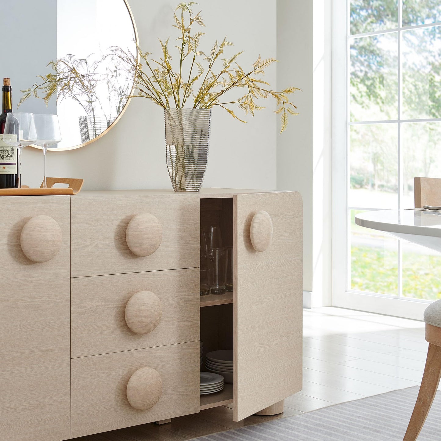 Modway Sonnet Retro Curved Sideboard in Ash – 57 Inch Modern Buffet Cabinet with Circle Knobs – Credenza Cabinet with 3 Drawers – TV Stand Media Cabinet for Living Room, Home Office, Lounge Area