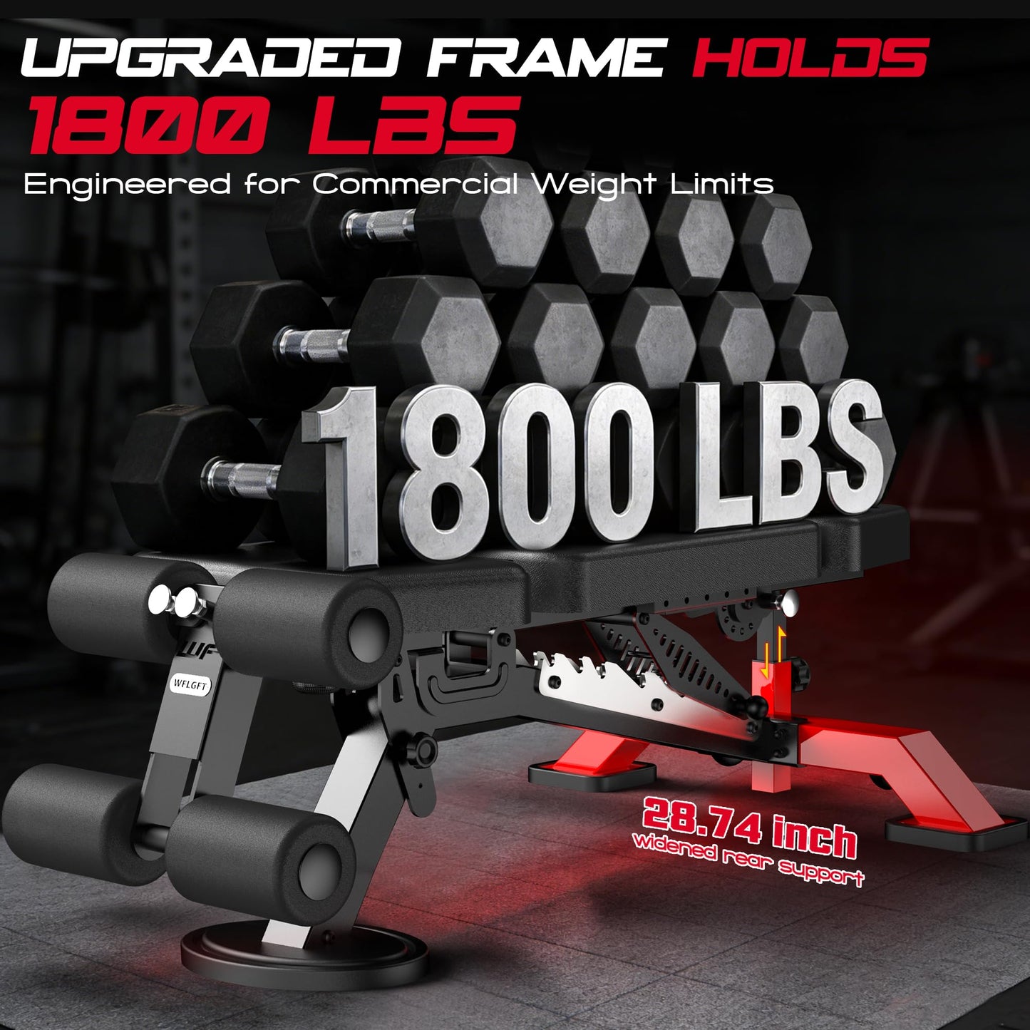 WFLGFT Commercial Adjustable Weight Bench, Heavy Duty 1800LBS Workout Bench for Home Gym, Flat, Decline, Incline Bench Press with Removable Leg and Elbow Support for Full Body Strength Training