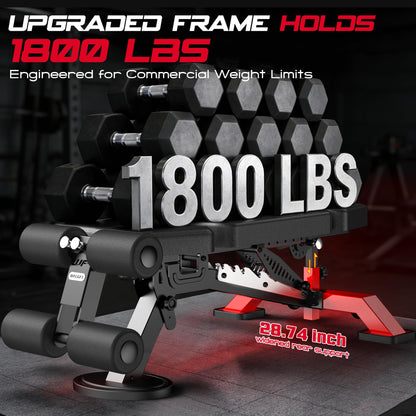 WFLGFT Commercial Adjustable Weight Bench, Heavy Duty 1800LBS Workout Bench for Home Gym, Flat, Decline, Incline Bench Press with Removable Leg and Elbow Support for Full Body Strength Training