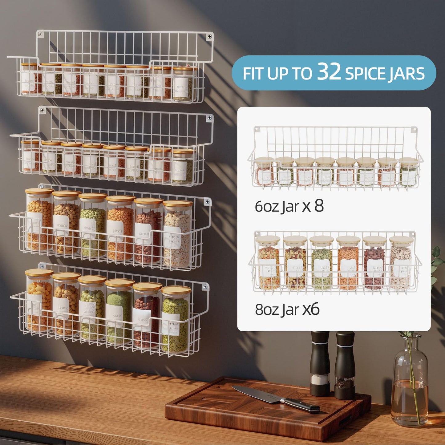 AURIKAR Spice Rack Wall Mount 4 Pack, Metal Wall Mounted Spice Rack Organizer for Cabinet Door & Pantry, Space-Saving Kitchen Spice Rack Shelf, White