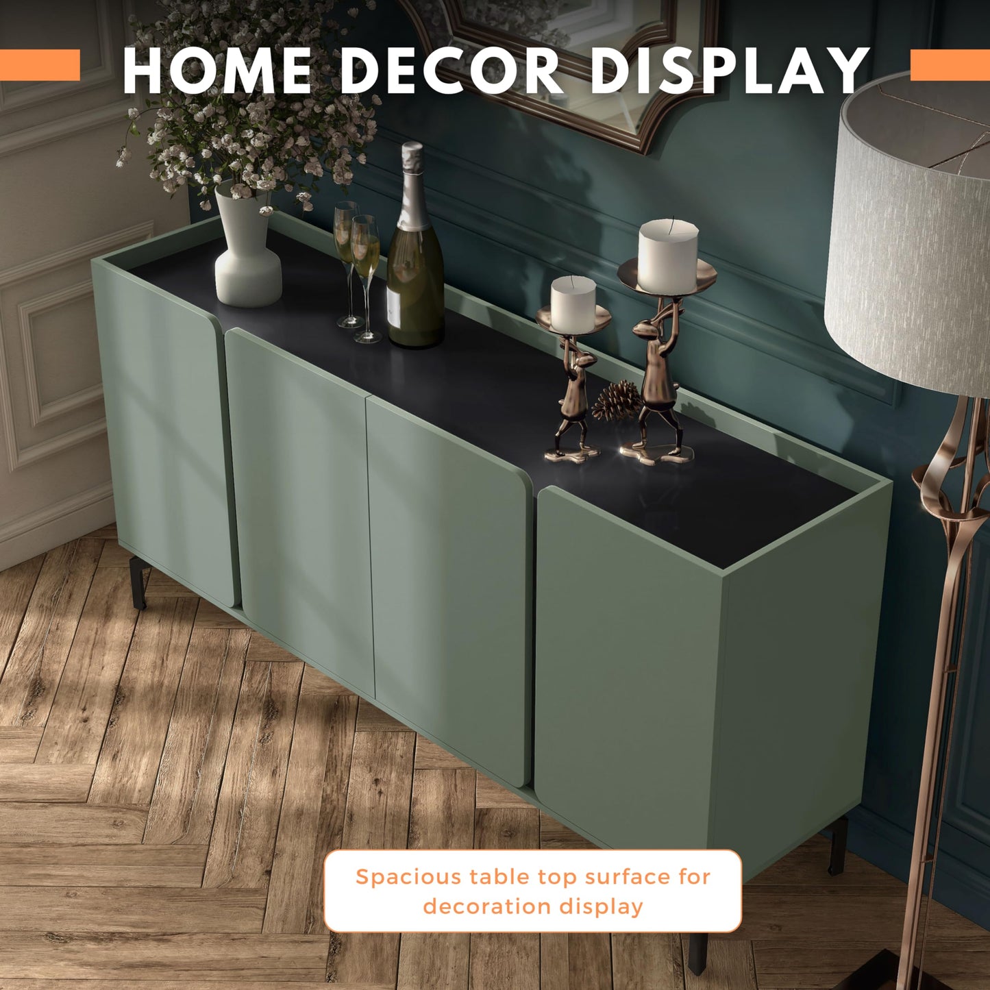 24/7 Shop at Home Elwin 60" Modern Sideboard Buffet, Storage Cabinet with Doors and Adjustable Shelves for Dining, Living Room, Kitchen, Entryway, Office, Sage Green & Black