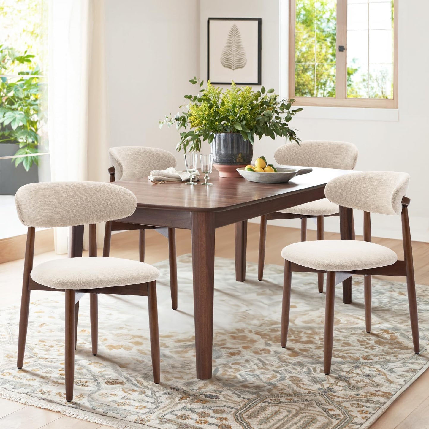 COLAMY Wooden Dining Chairs Set of 6, Modern Upholstered Fabric Dining Room Chair, Farmhouse Kitchen Side Chairs with Foot Pegs, Beige