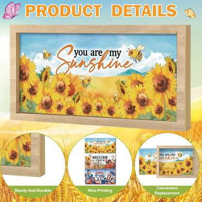 RattanView 25 Pcs 9.7 x 4.8" Interchangeable Seasonal Decor Holiday Sign Wooden Desk Table Decor Interchangeable Welcome Sign with Wooden Frame Wreaths for Summer Office Home Rustic Tiered Tray