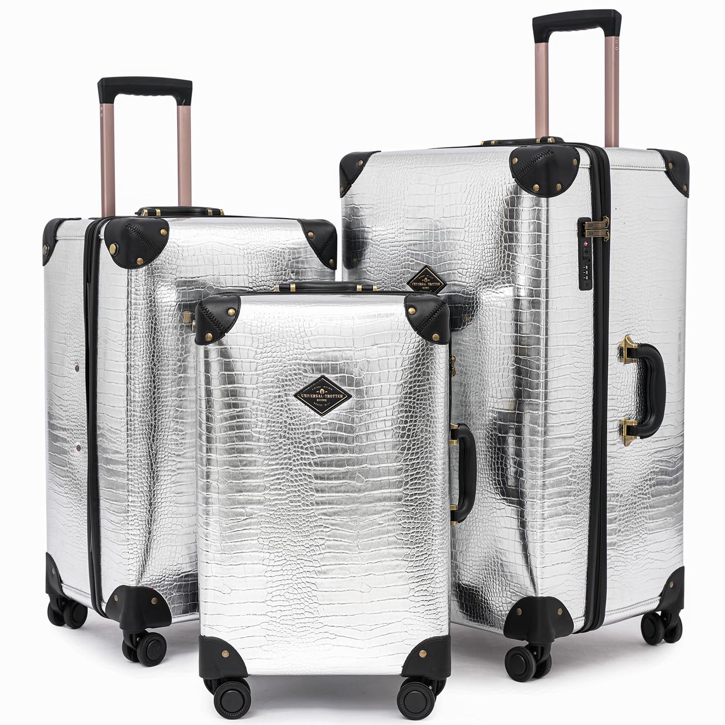 universal trotter 3-Piece High-Capacity Lightweight Vintage PU Leather Luggage Set (20/24/28 Carry-on & Checked), Water-Resistant PU Trunk Style, 360° Spinner Wheels (Silver)