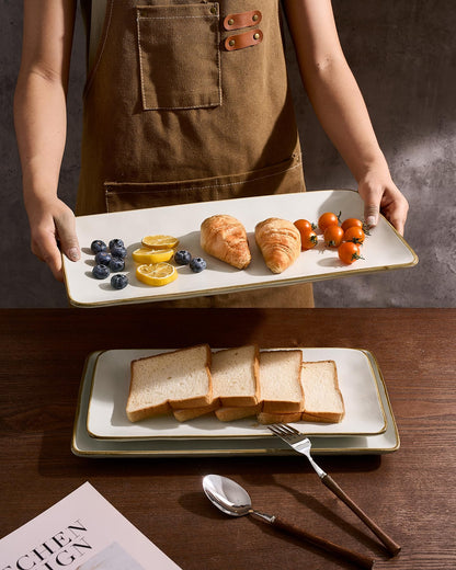 Famiware Serving Platter, Rectangular 15.67/14.1/12.6inch Serving Dishes for Entertaining, Microwave Dishwasher Safe, Stoneware Serving Trays for Party, Turkey, Cheese, Ocean Series, Vanilla White