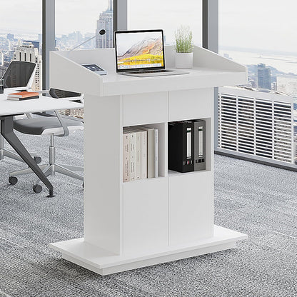 Pulpit Podium Wooden Podium Floor Standing Podiums Teacher Podium Lectern Lecterns & Podiums Church Podium and Pulpits with Wire Holes and Storage (White, L39.4″×W19.68″×H44″)