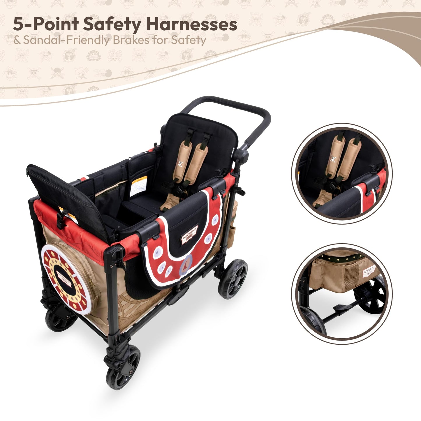 WONDERFOLD W2 Elite Pro Limited Edition ONE PIECE Thousand Sunny Stroller Wagon 2 Seater - Collapsible Wagon Stroller with Seats w/ 5-Point Harnesses, Easy Access Zipper Door, and Removable Sun Canopy
