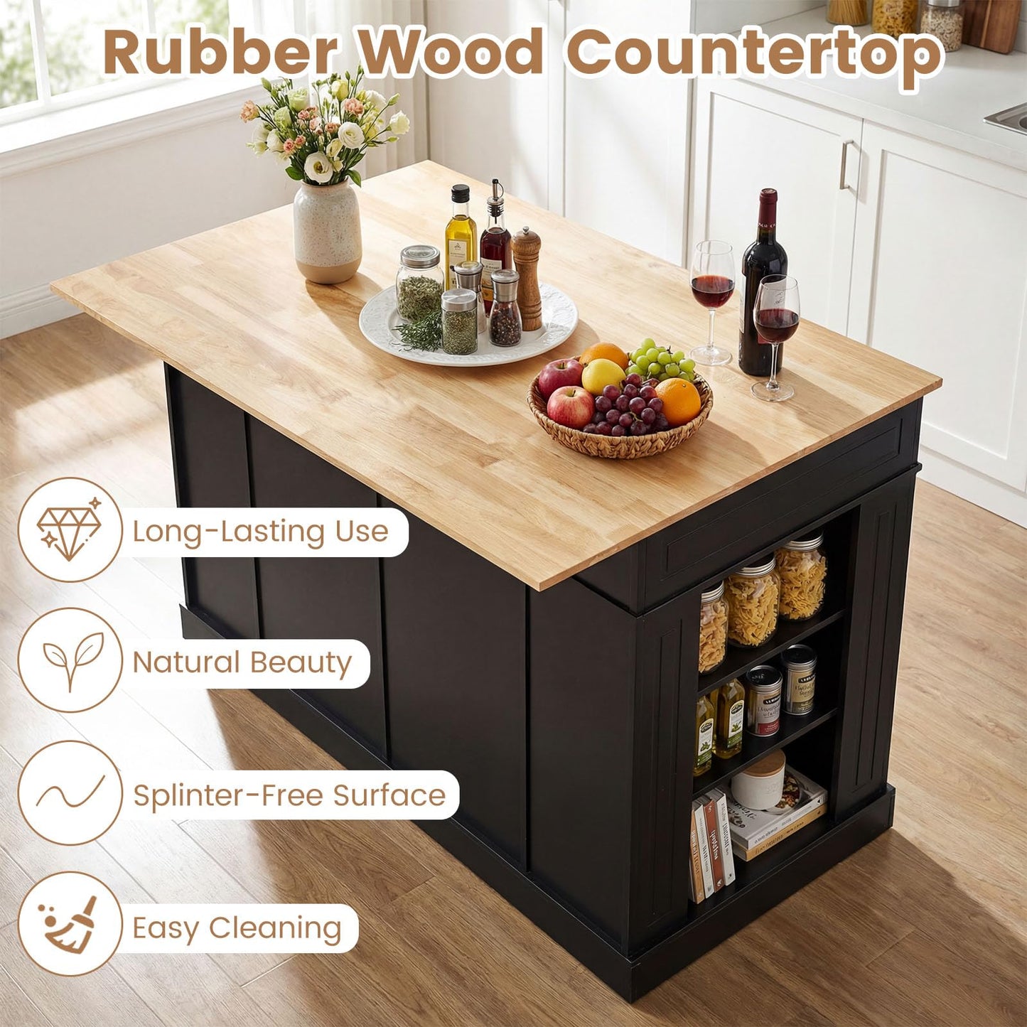 Giantex Kitchen Island with Storage & Drop Leaf, 48" Stationary Island Table with Rubber Wood Top, 2 Drawers, Cabinet, Adjustable Shelf, Butcher Block Island for Living Dining Room, Bar (Black)