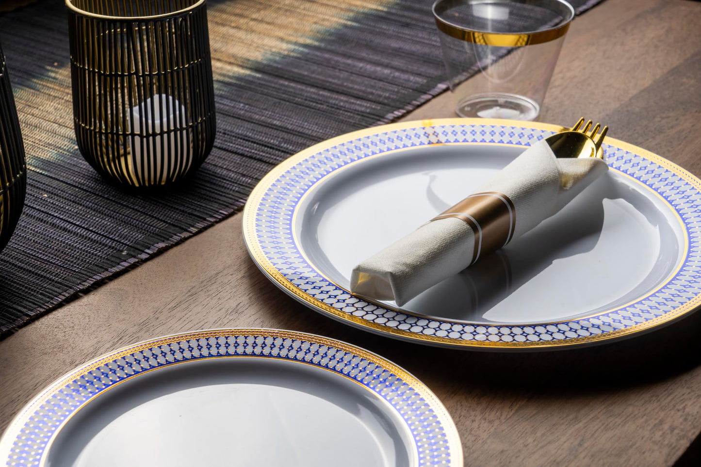 MONEST 350Pcs Blue and Gold Plastic Silverware Set for 50 Guests, Disposable Dinnerware Set includes: 50 Pre Rolled Napkins with Utensils, 50 Dinner Plates, 50 Dessert Plates, 50 Cups (Royal Sapphire)