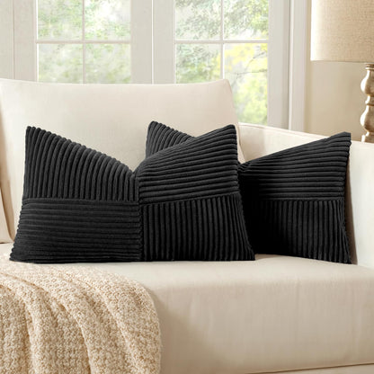MIULEE Black Corduroy Pillow Covers Pack of 2 Boho Decorative Spliced Throw Pillow Covers Soft Couch Pillowcases Cross Patchwork Textured Cushion Covers for Living Room Bed Sofa 18x18 inch