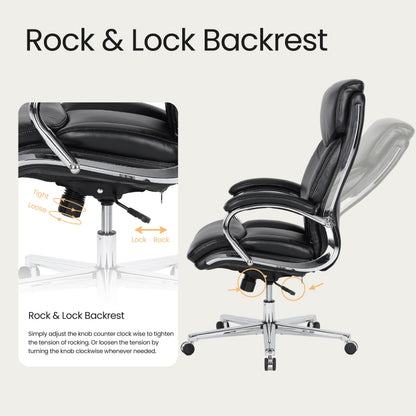 COLAMY High Back Executive Office Chair, PU Leather Computer Desk Chair with Extra Thick Padded Seat Cushion, Quiet Rubber Rolling Casters and Adjustable Tilt Tension for Home Workspace,Black