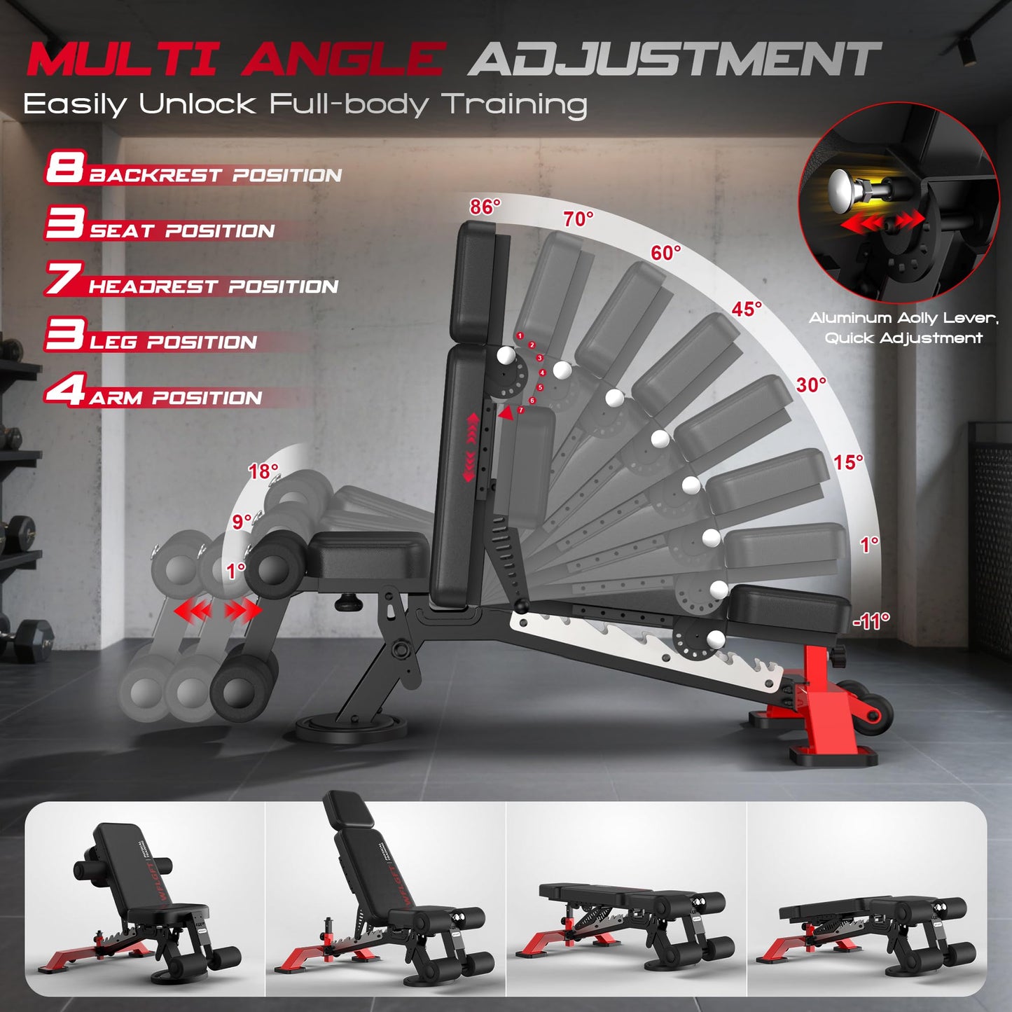 WFLGFT Commercial Adjustable Weight Bench, Heavy Duty 1800LBS Workout Bench for Home Gym, Flat, Decline, Incline Bench Press with Removable Leg and Elbow Support for Full Body Strength Training