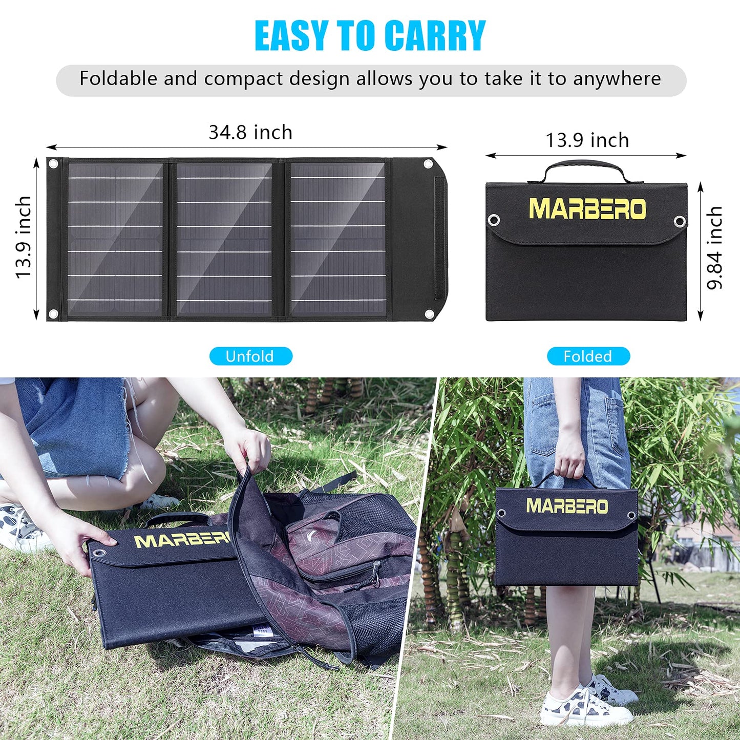 MARBERO Portable Solar Panel 30W Solar Panel Charger 23% High Efficiency Foldable Solar Panels QC3.0 USB & DC Port Compatible with Cell Phone Ipad Laptop IP65 Waterproof for Camping Outdoor Cloudy