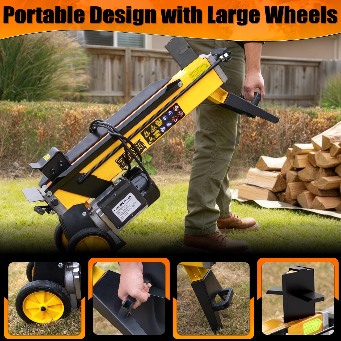 PPOLB 7 Ton Electric Wood Splitter, 15Amp Hydraulic Log Splitter with Detachable Cross Blade Cutting Head, Portable Firewood Splitter, Compact Horizontal Design for Backyard, Garage, Cabin - Yellow