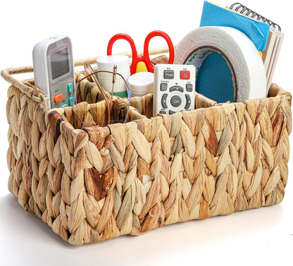 Wicker Flatware Organizer, Woven Utensil Caddy with Handle, Water Hyacinth Cutlery Holder for Picnic Silverware