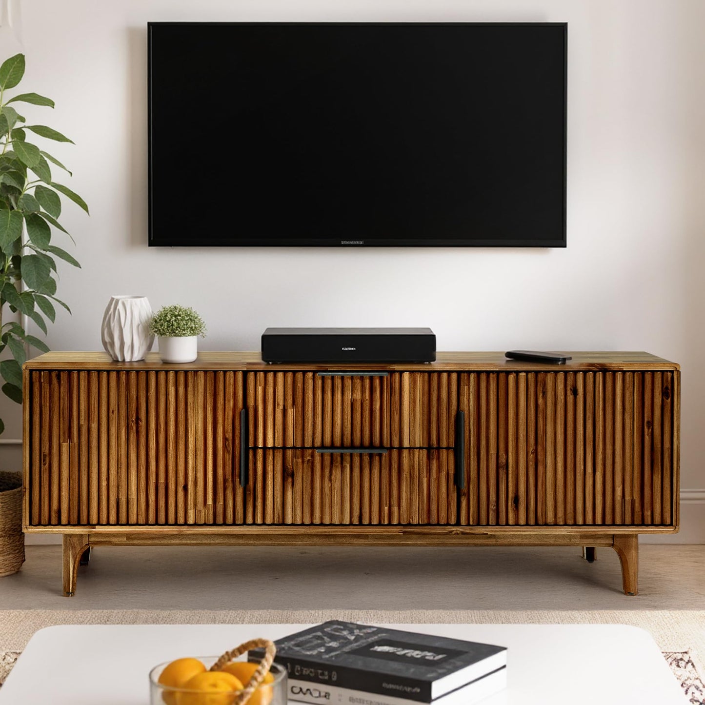 MEGSU 54" Bosk Fluted Acacia Wood TV Stand for TVs up to 60"–Mid-Century Modern Media Console with Storage, Soft-Close Drawers & Doors TV Stands for Living Room, Bedroom, 250 lbs Capacity, Walnut