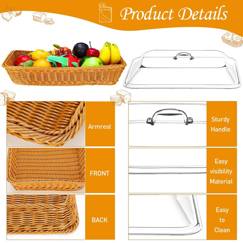Mumufy 2 Pack Wicker Large Bread Basket with Acrylic Lid Housewarming Gift Woven Rectangular Imitation Rattan Fruit Basket with Cover for Serving Food Display Tabletop Home Kitchen(17.72x13.78'')