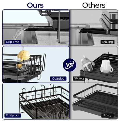 Pantasia Large Dish Drying Rack, Expandable Dish Rack for Kitchen Counter, Dish Drainer with Drainboard Set, Multifunctional Dishrack with Utensil & Cup Holder, 13.4"-28.7" L x 11.8" W x 7.8" H, Black