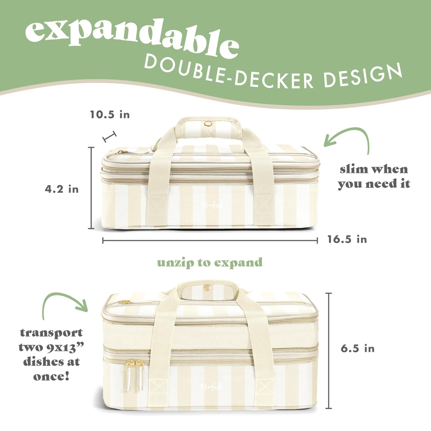 Fit & Fresh Insulated Casserole Carrier - Double Decker Food Carrier Fits Two 9x13 Dishes, Expandable Hot & Cold Food Transport Bag with Zipper Pocket for Potluck, Easter & Travel, Taupe Stripe