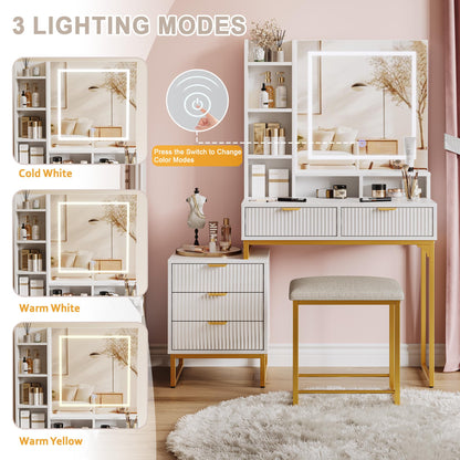 GAOMON Modern LED Makeup Vanity Desk with Mirror – 5 Drawers, Removable Side Cabinet, Cushioned Stool, Adjustable Lights – Bedroom Dressing Table for Girls & Women – Gold Iron + White Plate + Gold